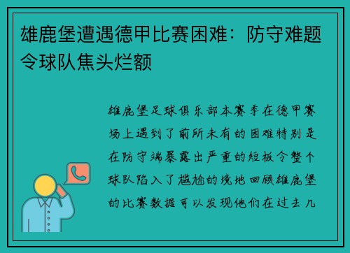 雄鹿堡遭遇德甲比赛困难：防守难题令球队焦头烂额